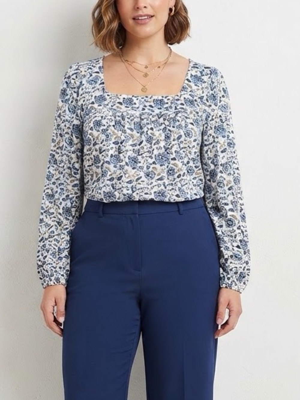Lucky Brand Floral Long Sleeve Blouse in White & Blue Size XL